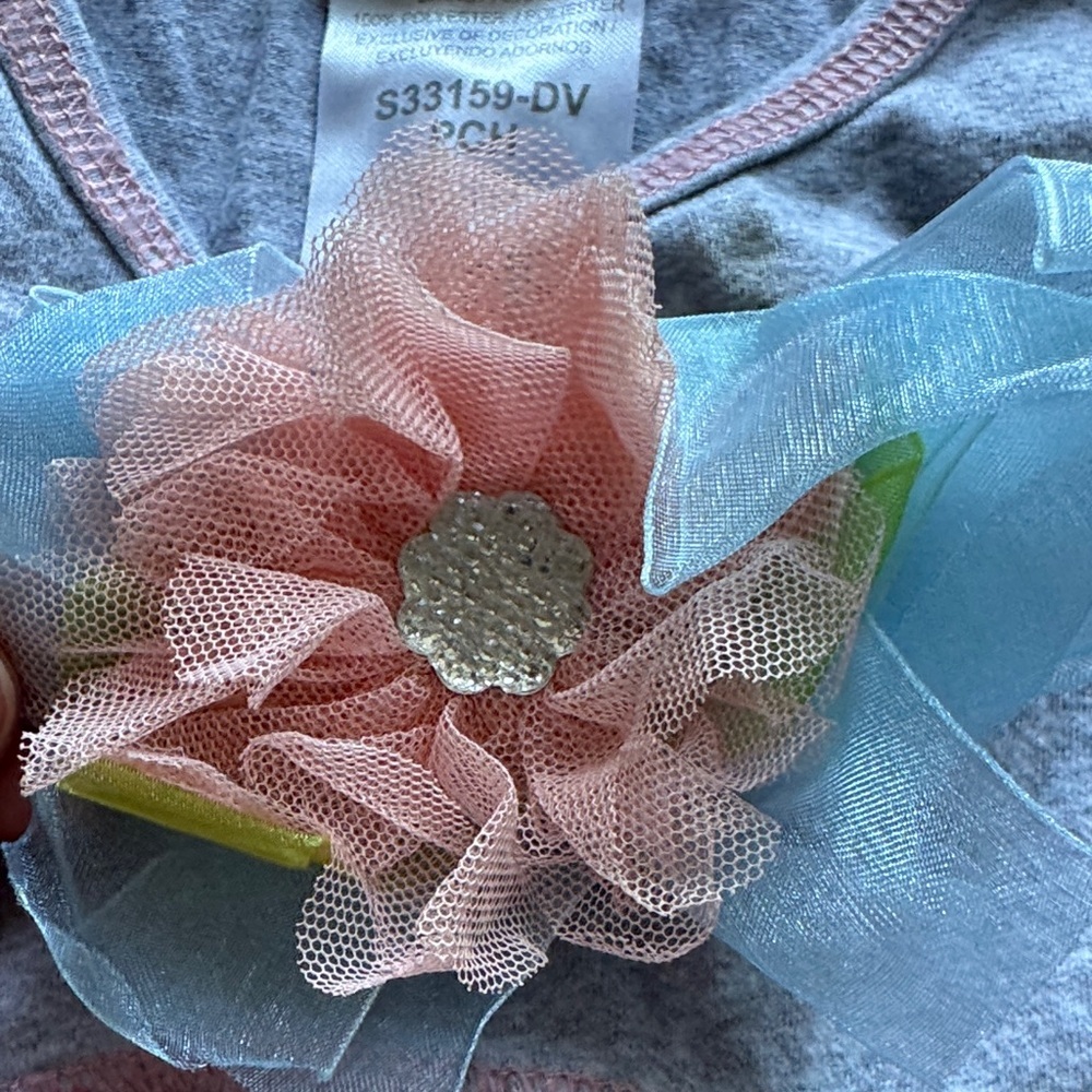 Bonnie Jean Coral Floral Dress with Gray Bodice and Flower Accent - Picture 3 of 4